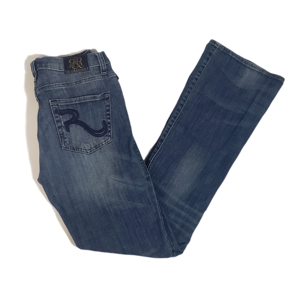 Rock & Republic Kasandra Bootcut Jeans Size 8 Dark Blue Wash Denim Logo Pants